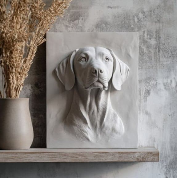 A ULULU portrait: a raised, monochrome cement relief of a dog, framed and resting on a shelf
